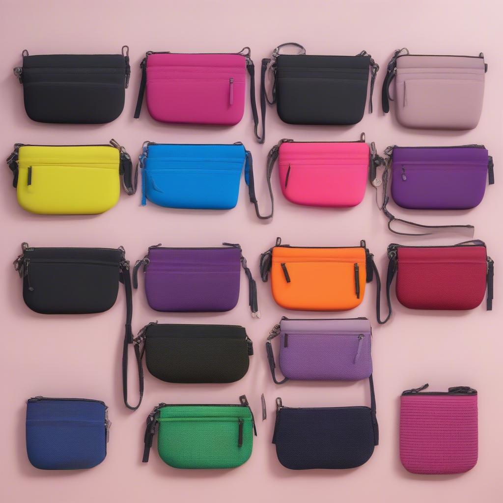 Various styles of neoprene woven crossbody bags showcasing different colors, sizes, and designs.