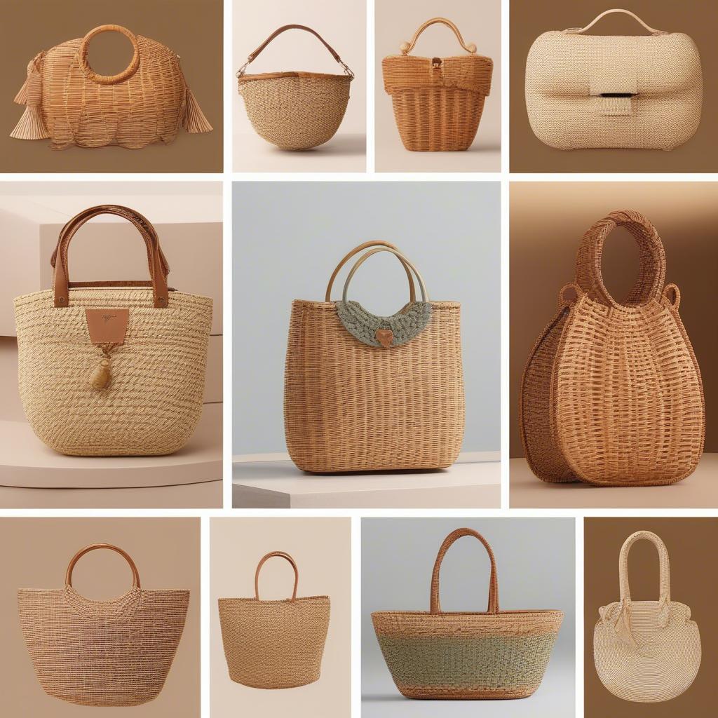 Various styles and designs of woven rattan shoulder bags displayed.