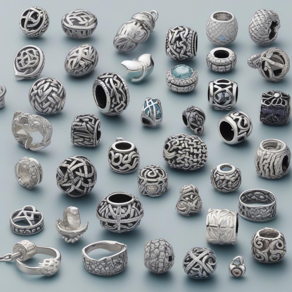 Different styles of open basket weave Pandora charms, including variations with gemstones and enamel.