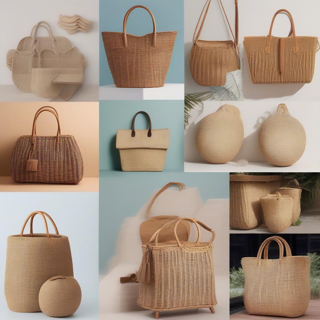 A display of various styles of rattan woven bags including totes, crossbody bags, and clutches showcasing the versatility and fashion-forward designs available in the wholesale market.