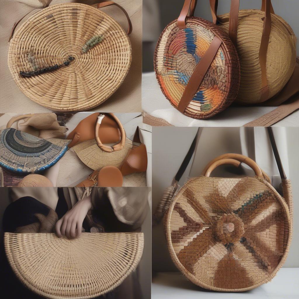 Variety of round rattan woven bags in different sizes, colors and patterns.