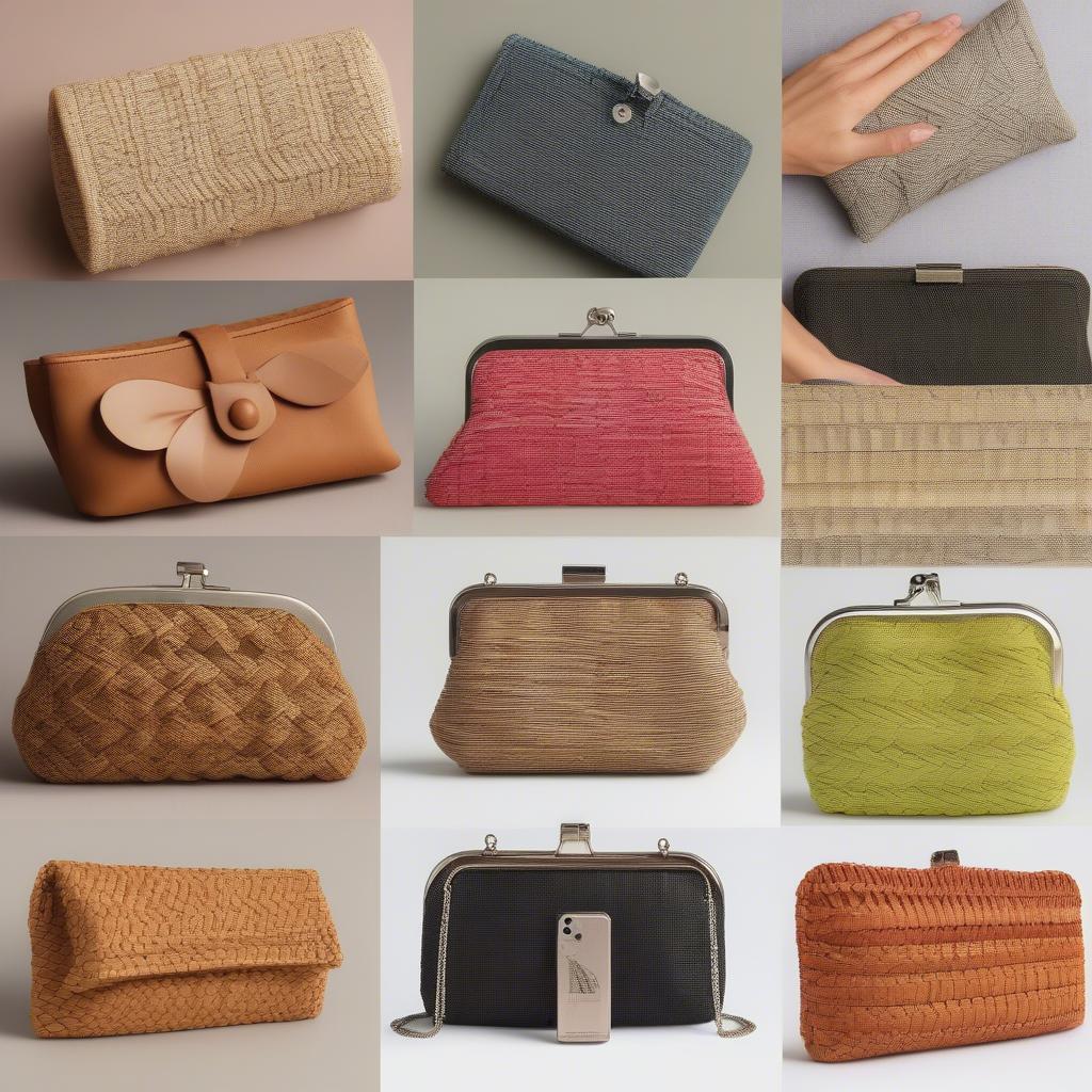 Different styles of small woven clutch bags, showcasing various shapes, colors, and closures.