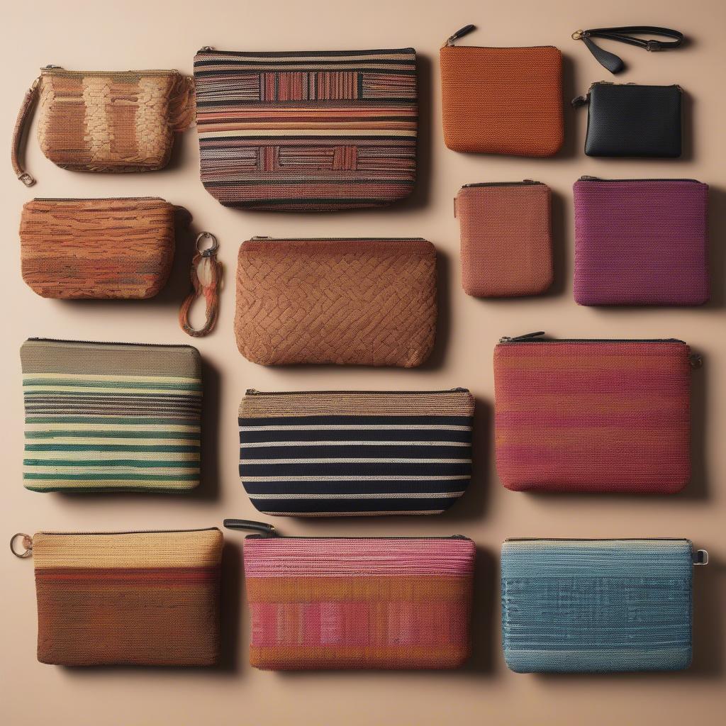 Various styles of woven clutch bags with zip closures displayed on a table.