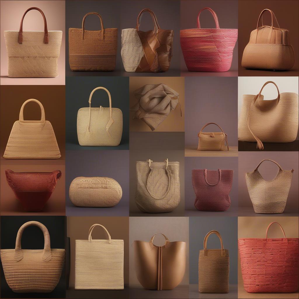 Various styles of woven Napa bags, showcasing different shapes, sizes, and colors.