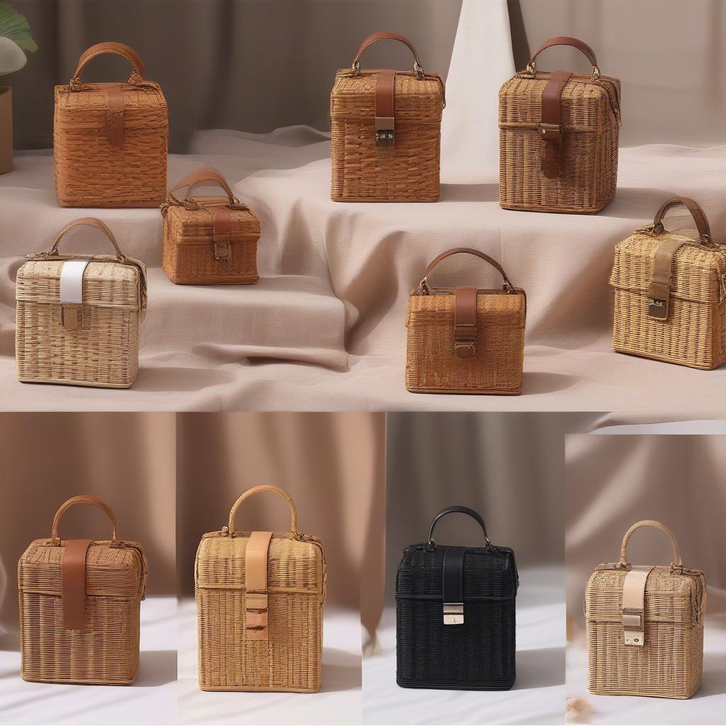 A variety of woven rattan box crossbody bags in different shapes, sizes and colors.