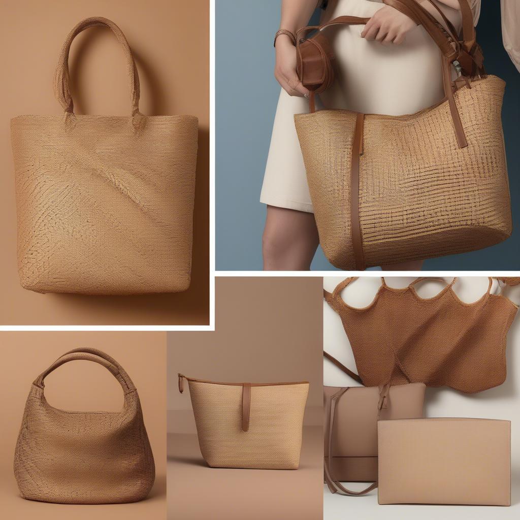 Variety of tan weave bag styles including tote, crossbody, and clutch.