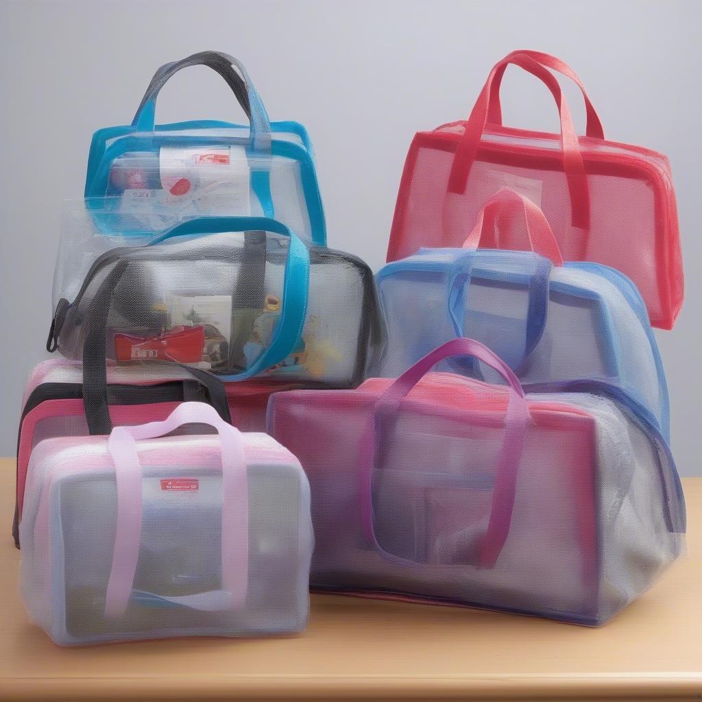 Different types of non-woven PVC sewing bags showing variations in size, handle, and closure.