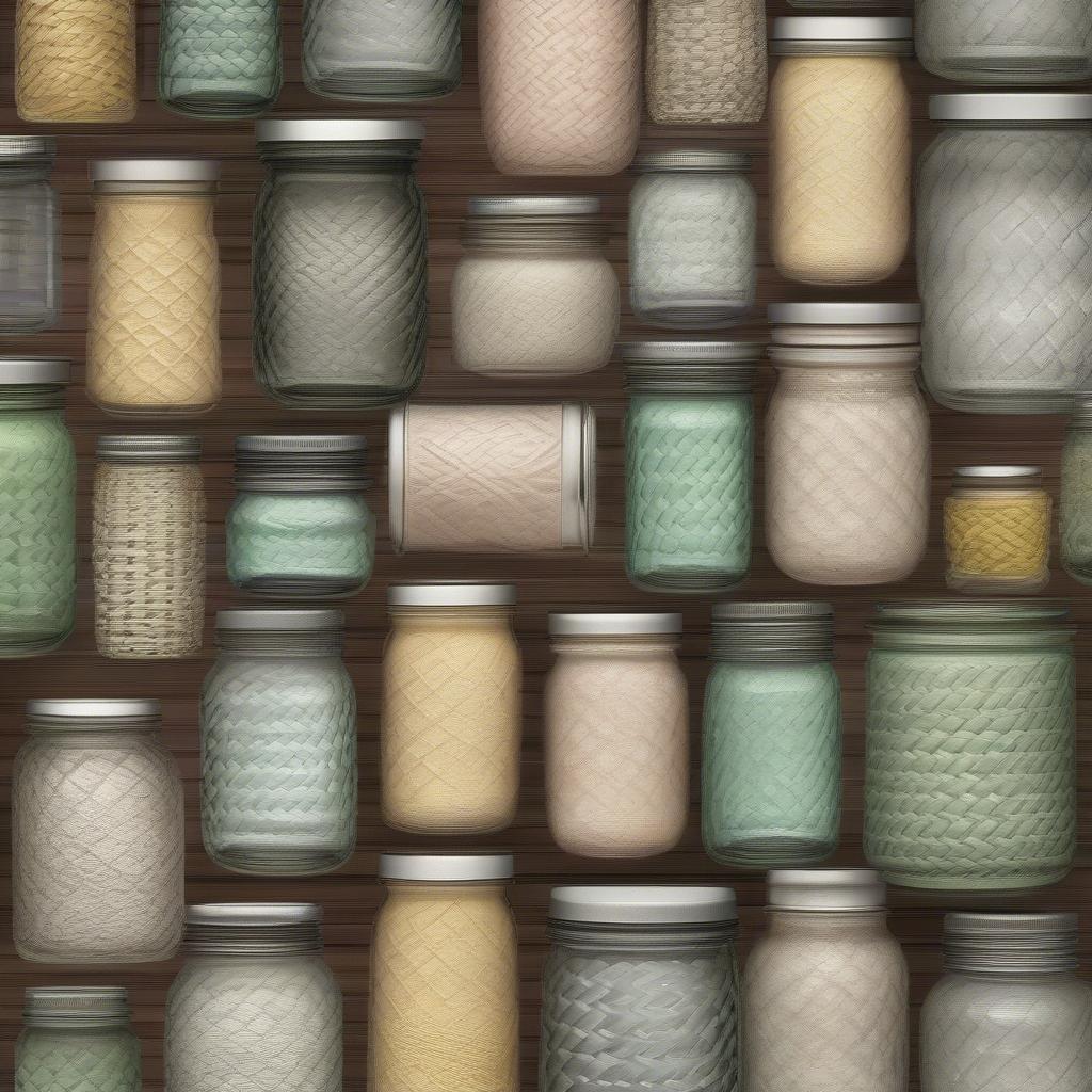 Various types of basket weave canning jars demonstrating differences in size, material, and weave pattern.