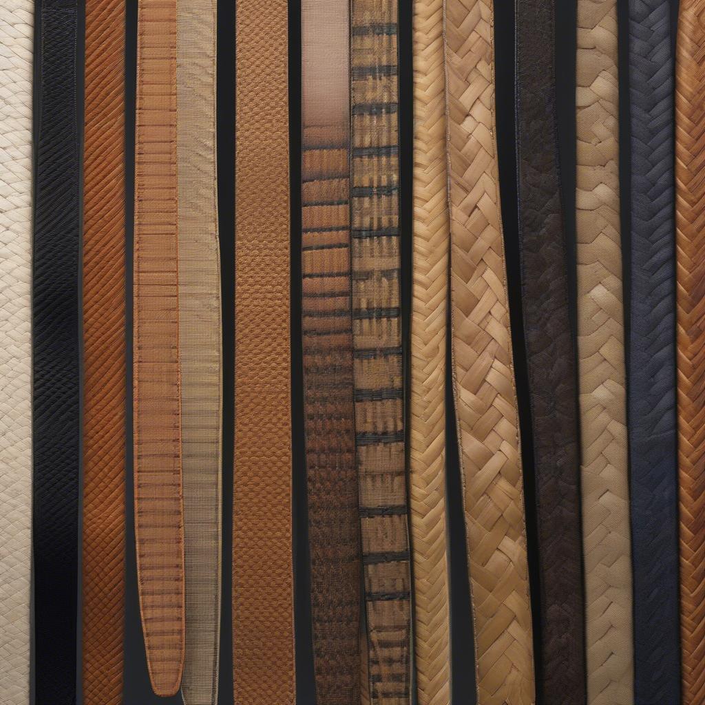 Various basket weave guitar straps displayed, highlighting different materials, colors, and weaving patterns.