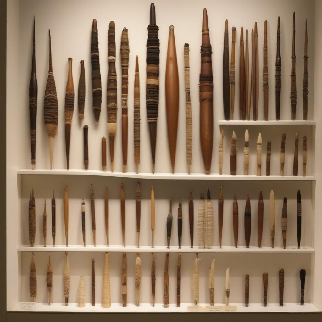 Various Chumash basket weaving awls made from bone, antler, and metal.