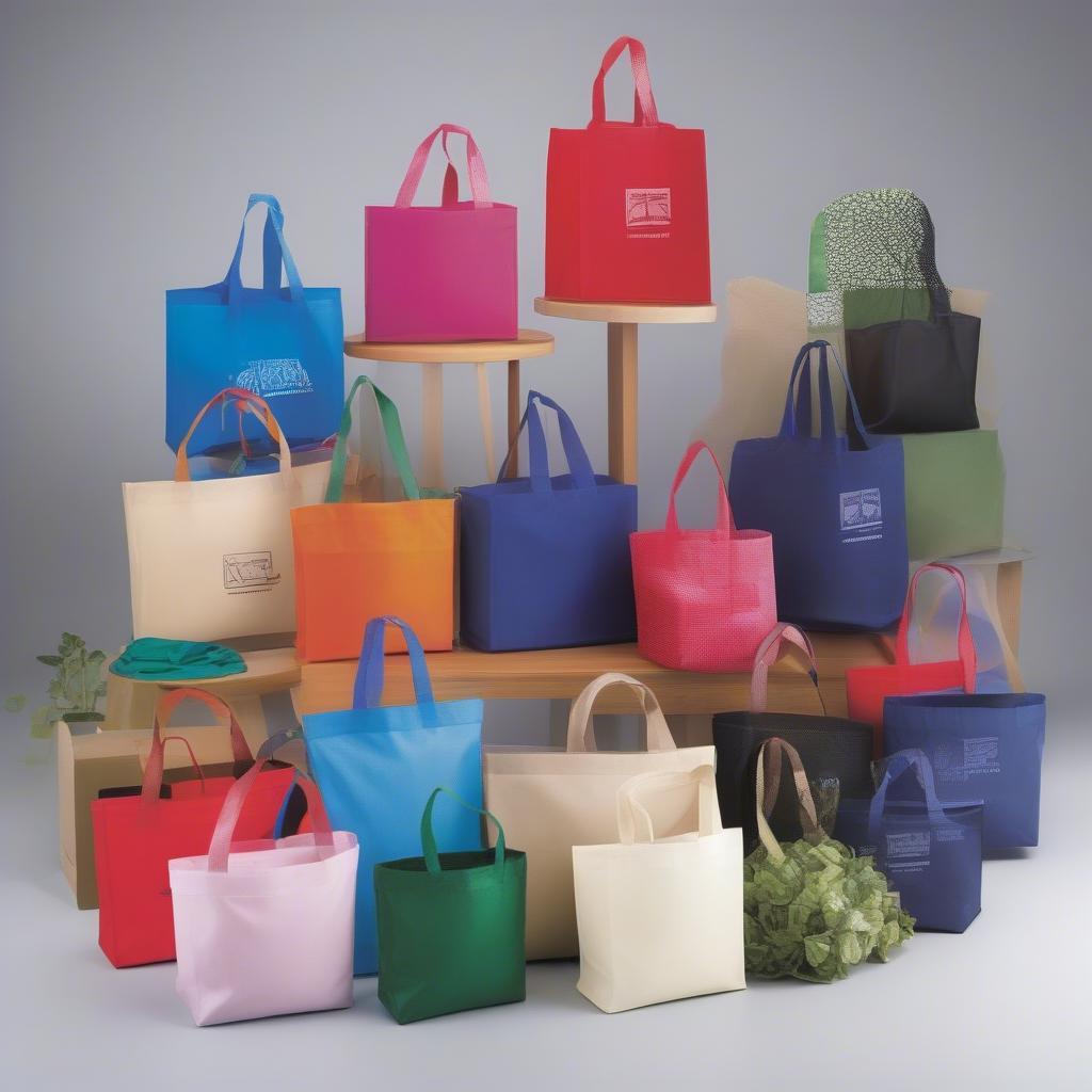 A variety of non-woven bags showcasing different sizes, colors, styles, and printing options.