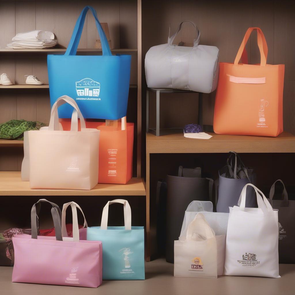 Various types of non-woven bags displayed showcasing diversity in size, design and color.