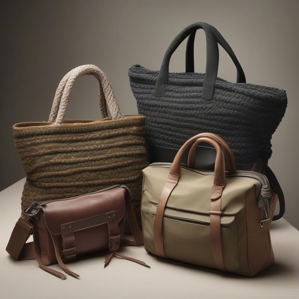 Different types of shoulder bags including woven paracord, canvas, and leather.