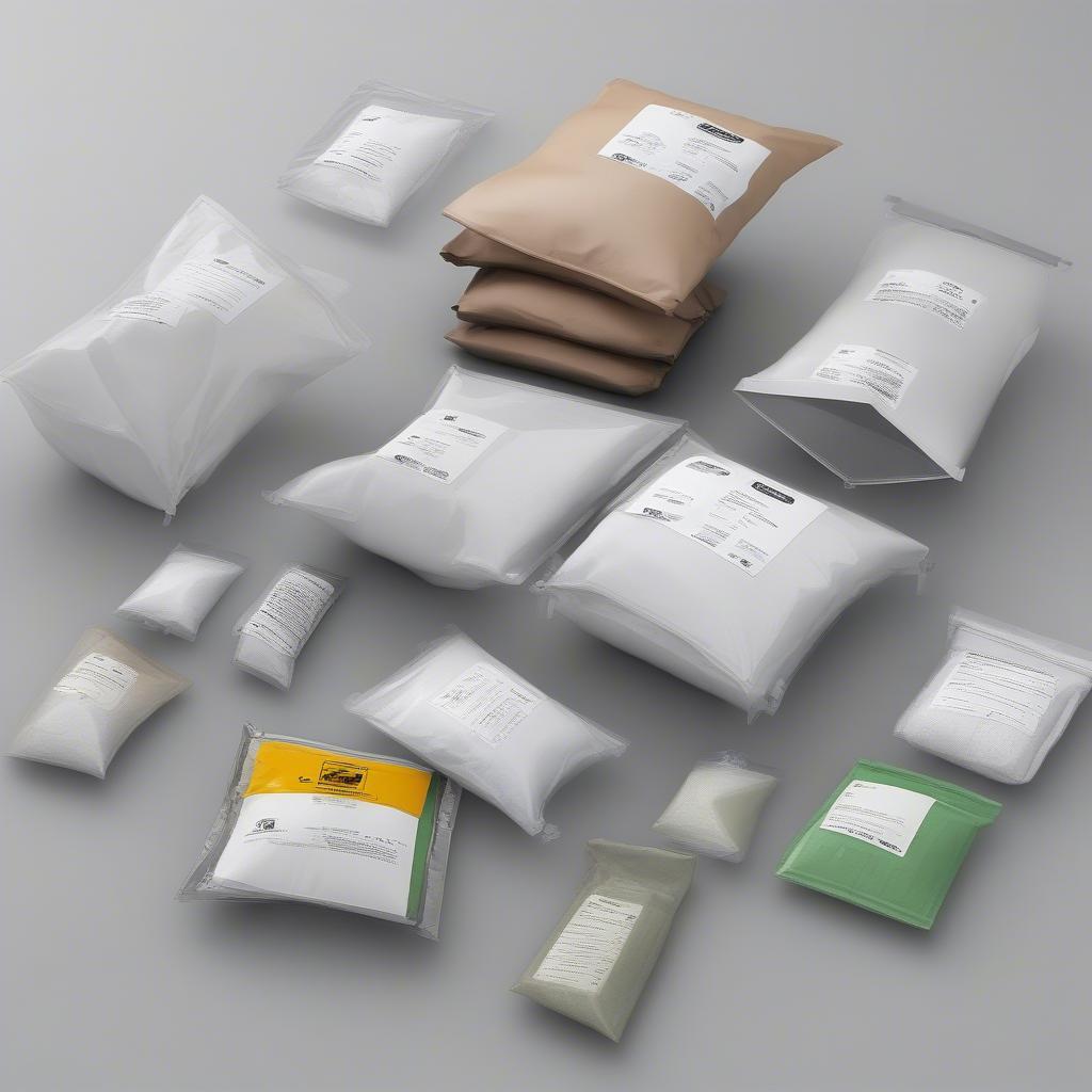 Various types of small woven poly valve bags showcasing different features like valve types and material thickness