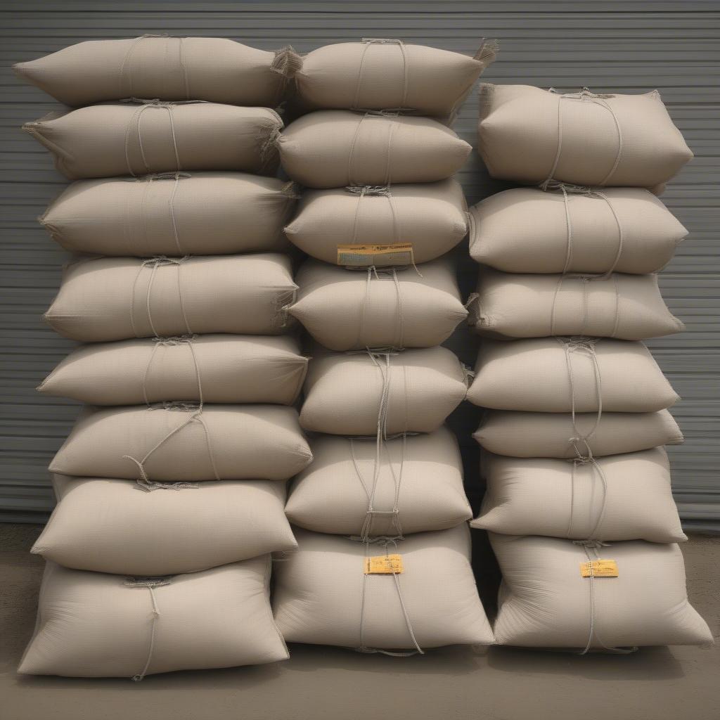 Various woven sand bags displaying different sizes and tie closures