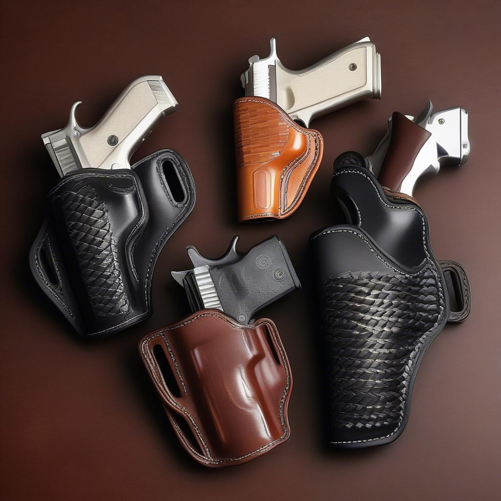 Various swivel basket weave holsters displaying different leather types, colors, and firearm fits.