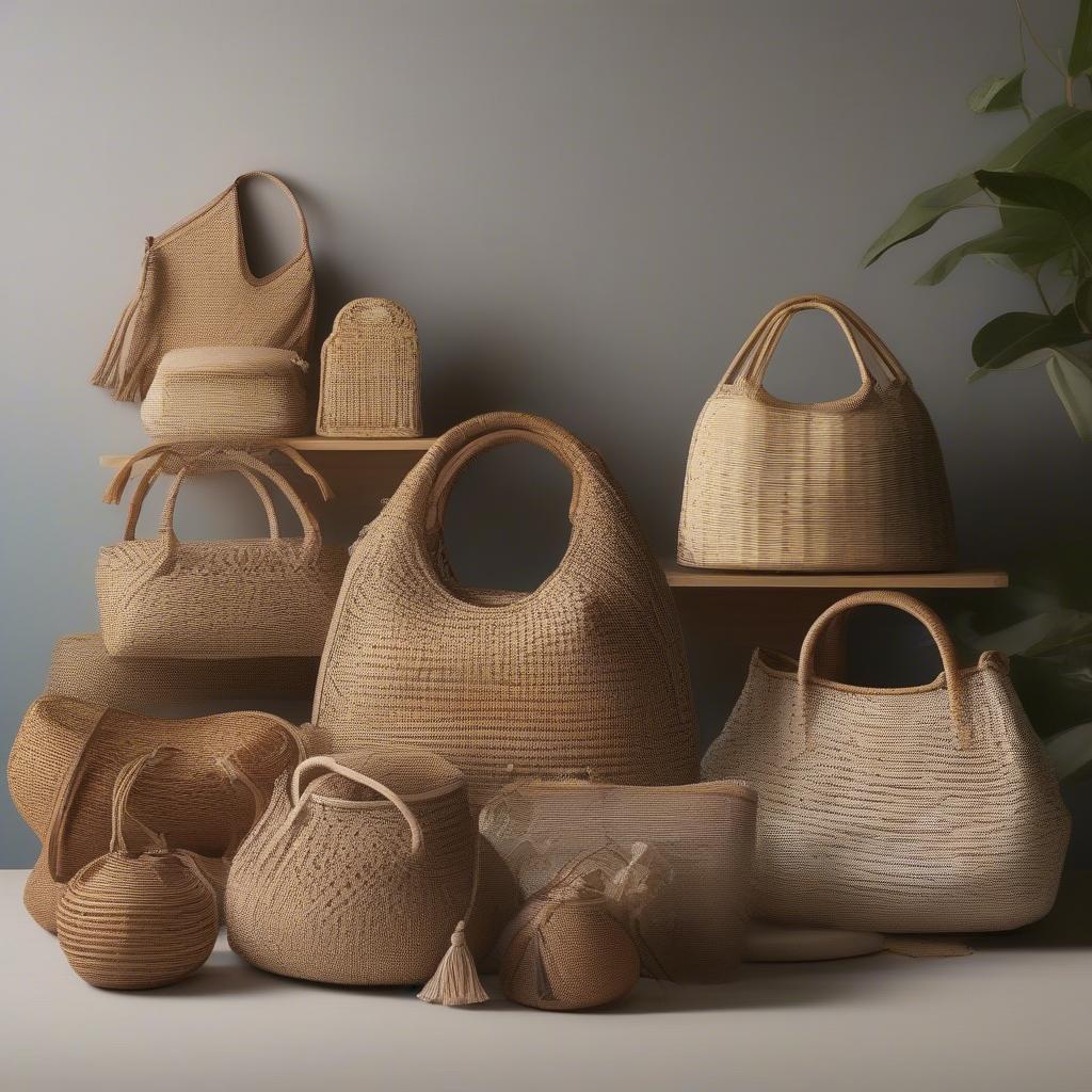 Display of various weave shoulder bags, including wicker, rattan, and seagrass, highlighting their unique textures and styles.