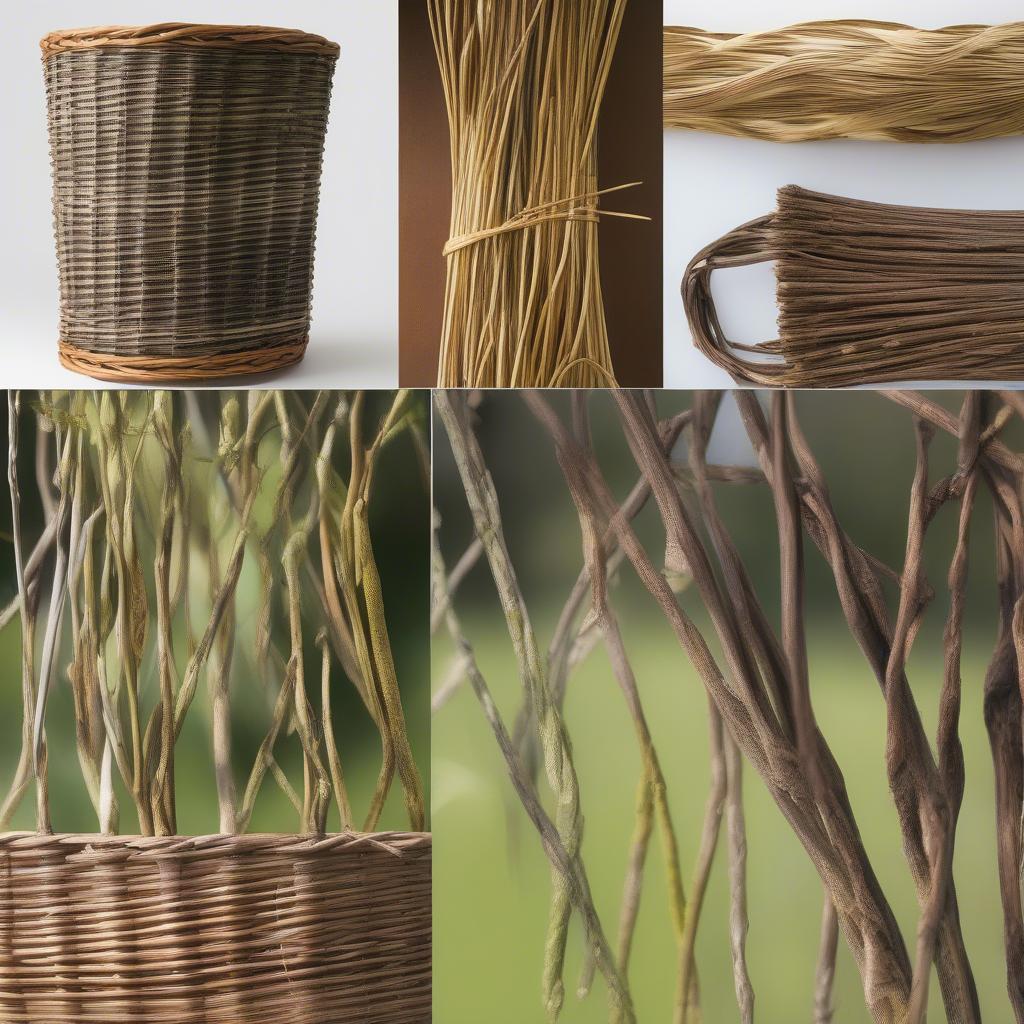 Different types of willow used in basket weaving, showcasing variations in color and texture.