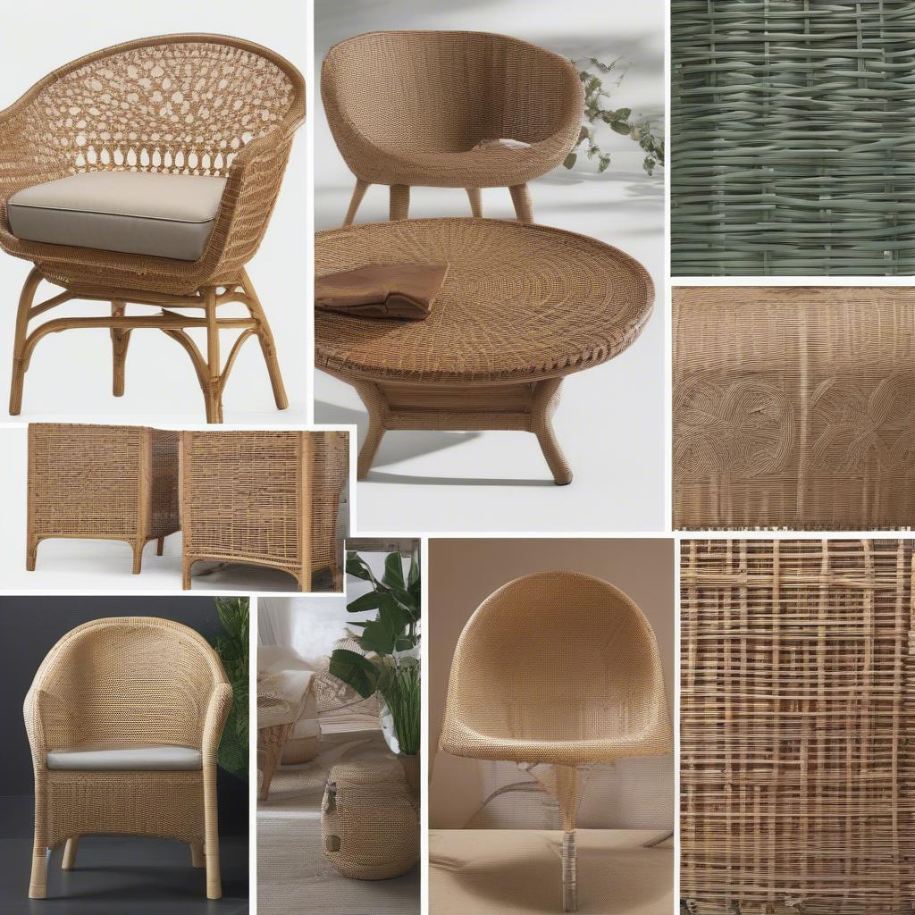 Various weave patterns on rattan furniture, including tight weaves, open weaves, and intricate designs, demonstrating the versatility and artistry of rattan weaving.