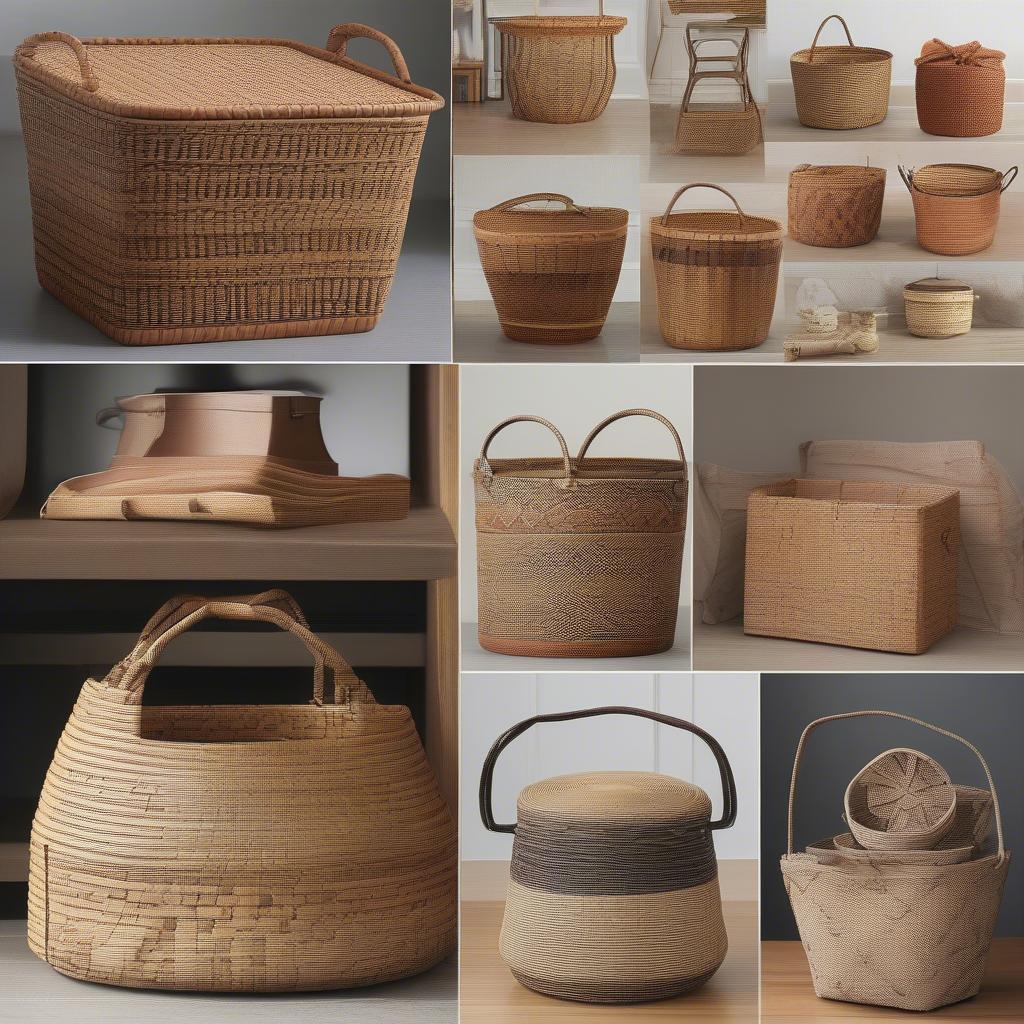 Various styles of weave storage baskets