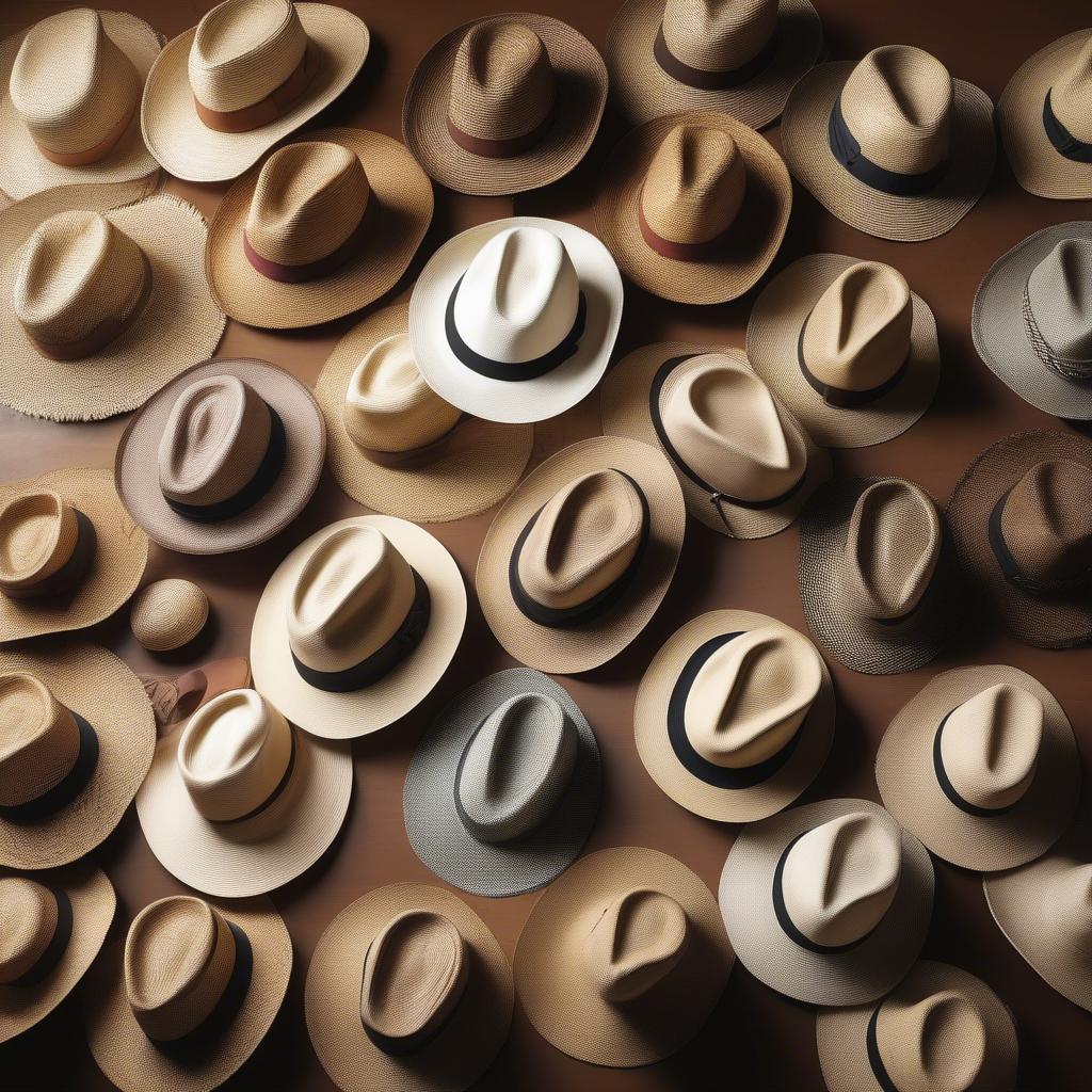 Various open weave straw trilby hats showcasing different weave patterns, brim widths, and materials.