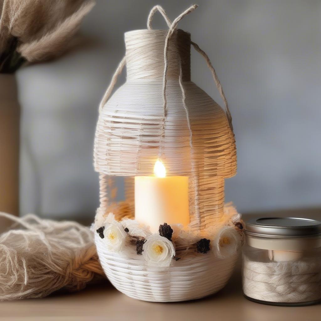 DIY Decorated White Wood Basket Weave Candle Lantern