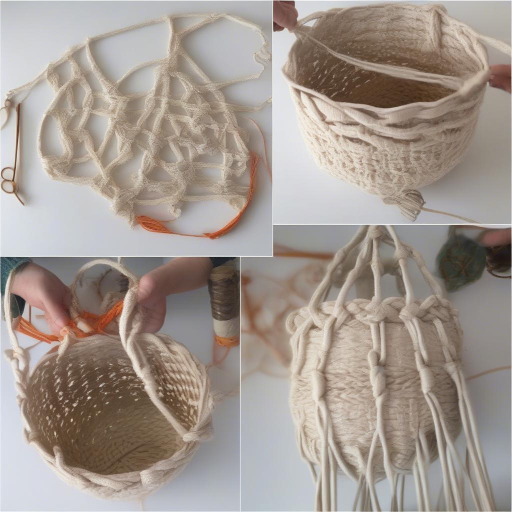 DIY open weave hanging basket project using macrame techniques.