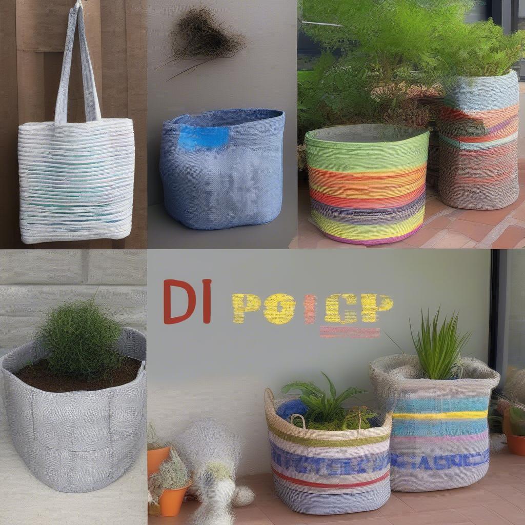 Examples of various DIY projects using woven polypropylene cement bags, including shopping bags, rugs, and planters.