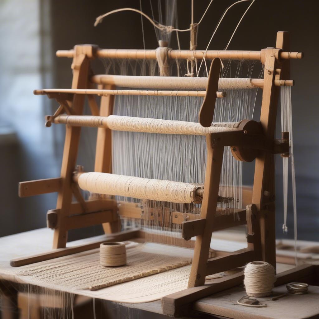 A dobby loom set up for weaving, along with various tools used in the process.