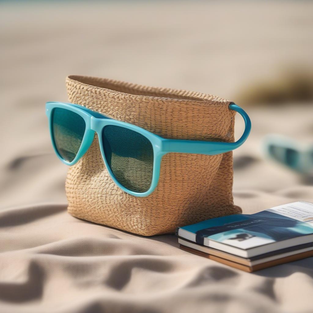 Dolce woven straw bag sitting on a beach towel with sunglasses and a book, demonstrating a relaxed summer vibe.