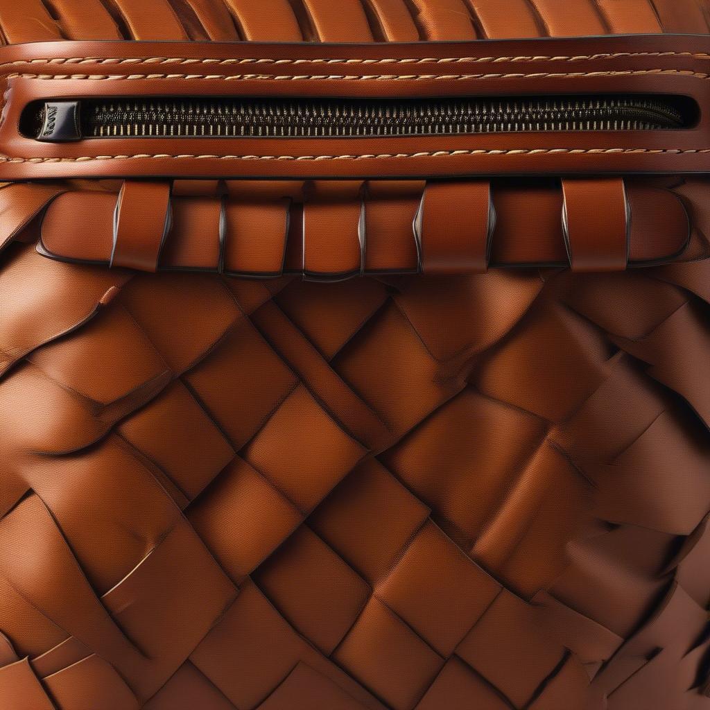 Close-up of a Dooney & Bourke basket weave bag, showcasing the intricate details of the woven leather.