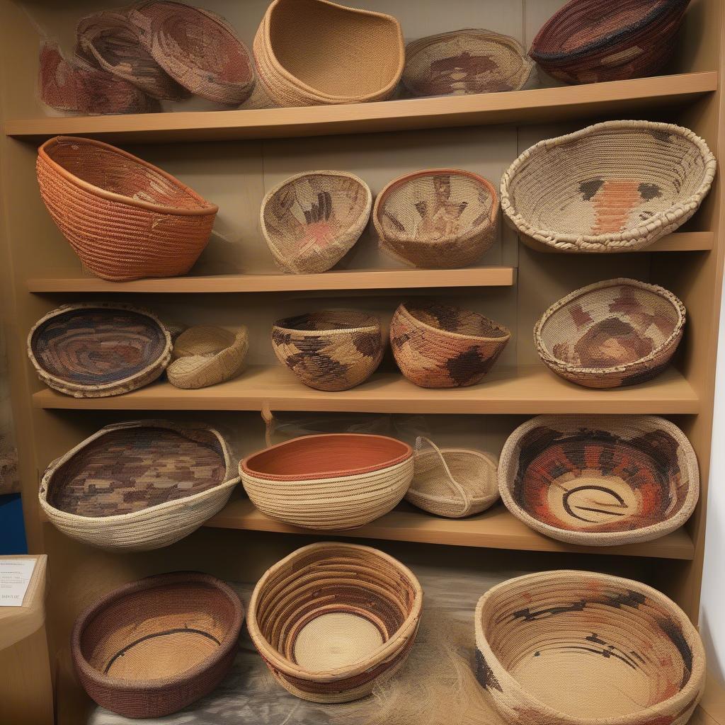 A beautiful display of Dotsul Ali's finished Washoe baskets, showcasing a variety of sizes, shapes, and intricate designs. The baskets are arranged on a table, highlighting the natural beauty of the materials and the artist's skill.