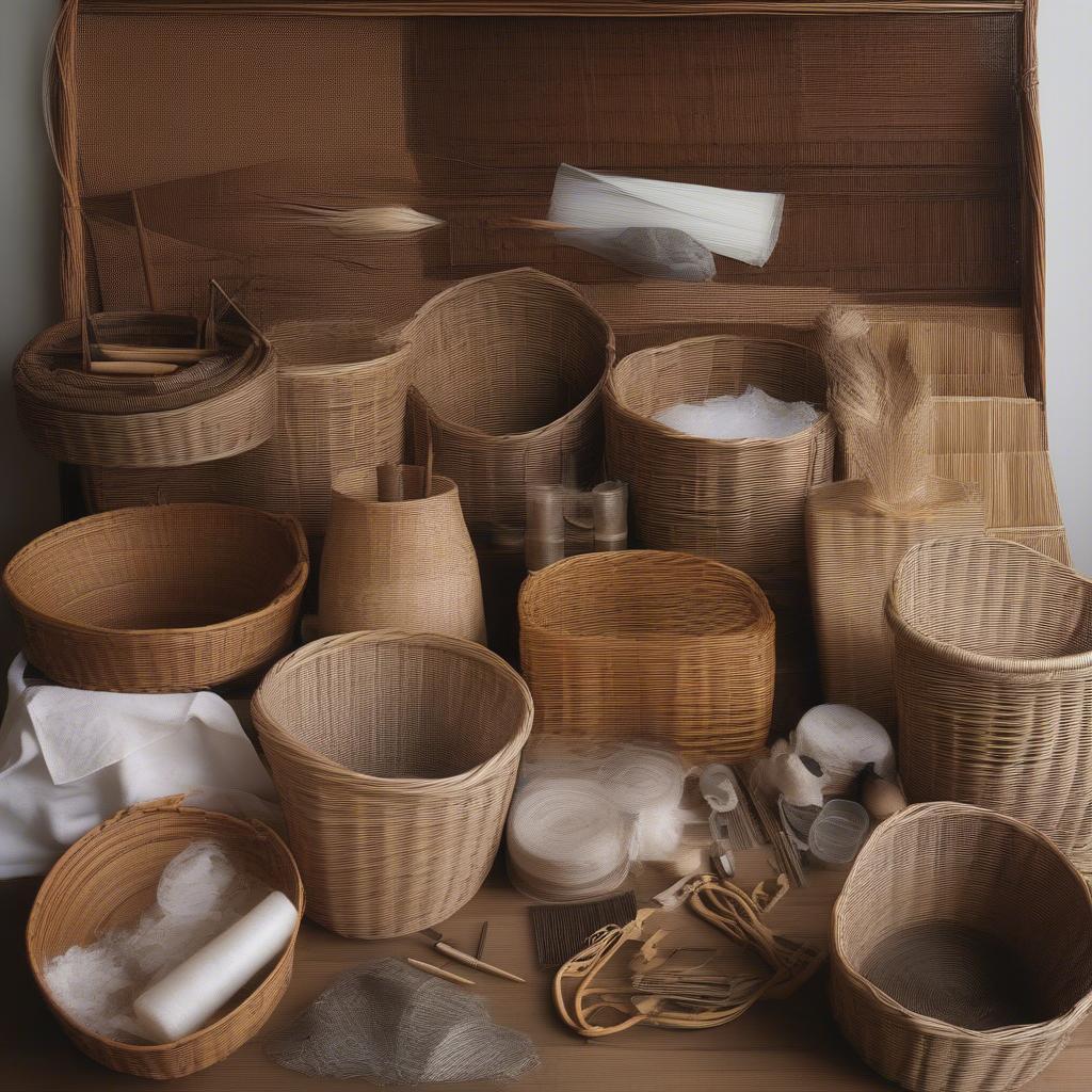 Wicker and rattan materials used in double basket weaving, along with various tools.