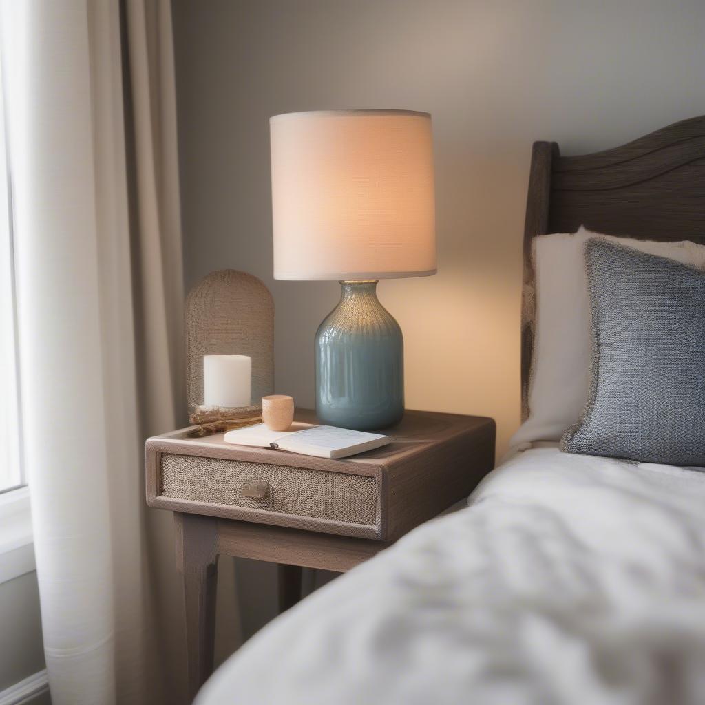 Dream weaver end table used as a nightstand in a bedroom setting.