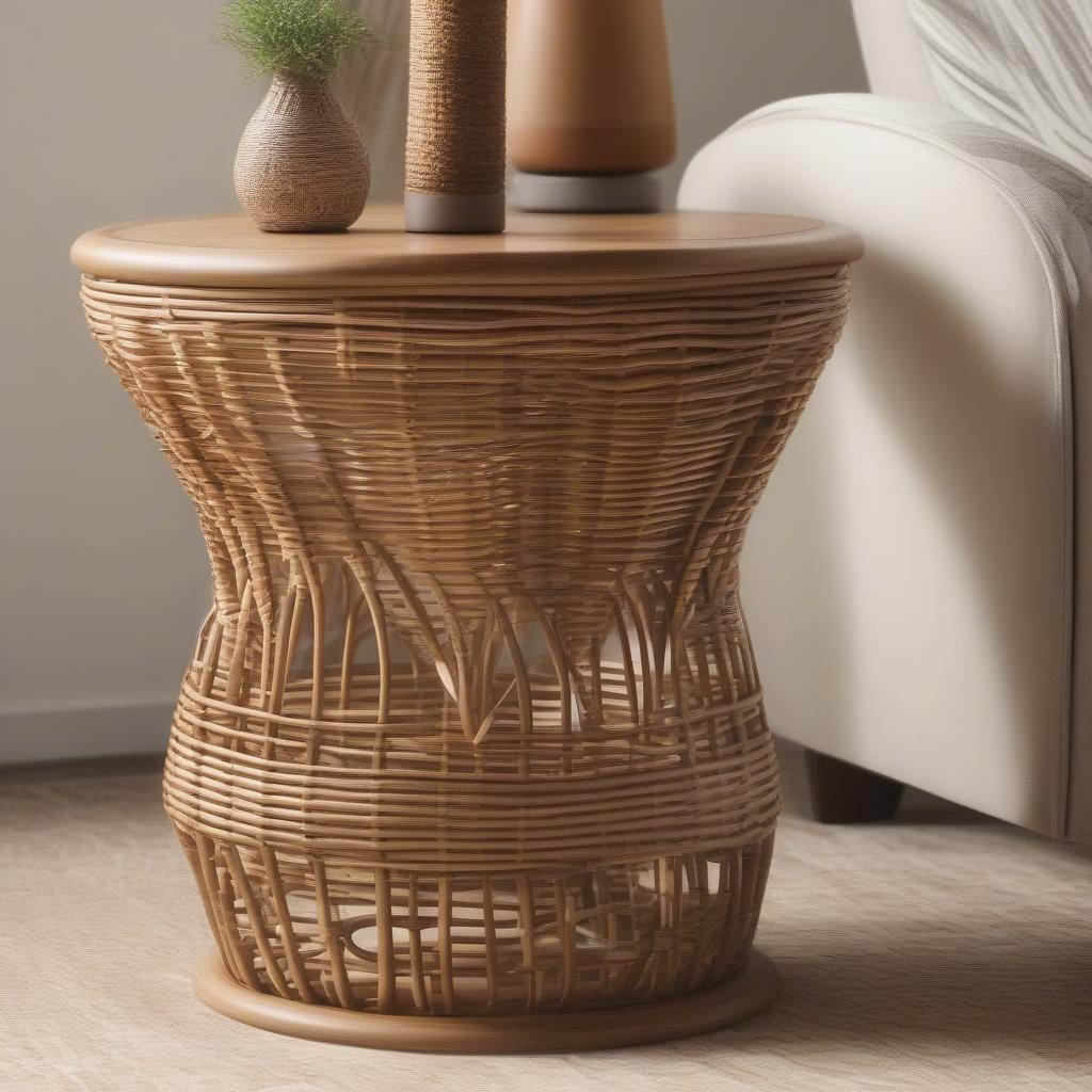 Dream weaver end table made of wicker and rattan, showcasing intricate weaving patterns and natural beauty.