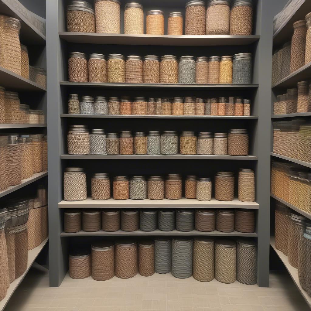 Various sizes of Duncan basket weave canister sets displayed on shelves, showcasing different configurations and storage options.