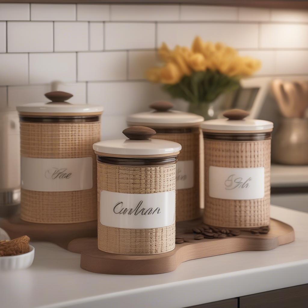 Duncan basket weave canister set displayed on a kitchen counter, showcasing its rustic charm and practical storage solution.