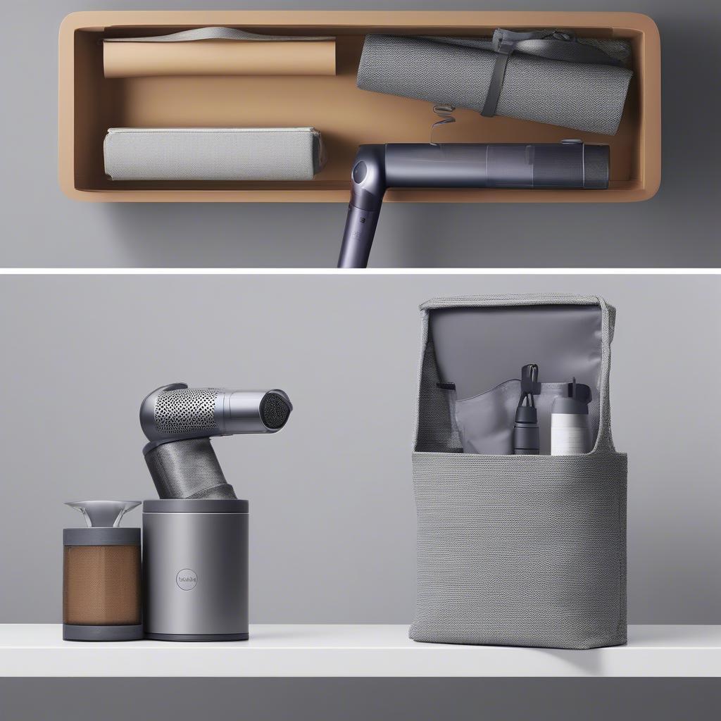 Different storage options for the Dyson Supersonic: woven bag, hard case, and wall mount.