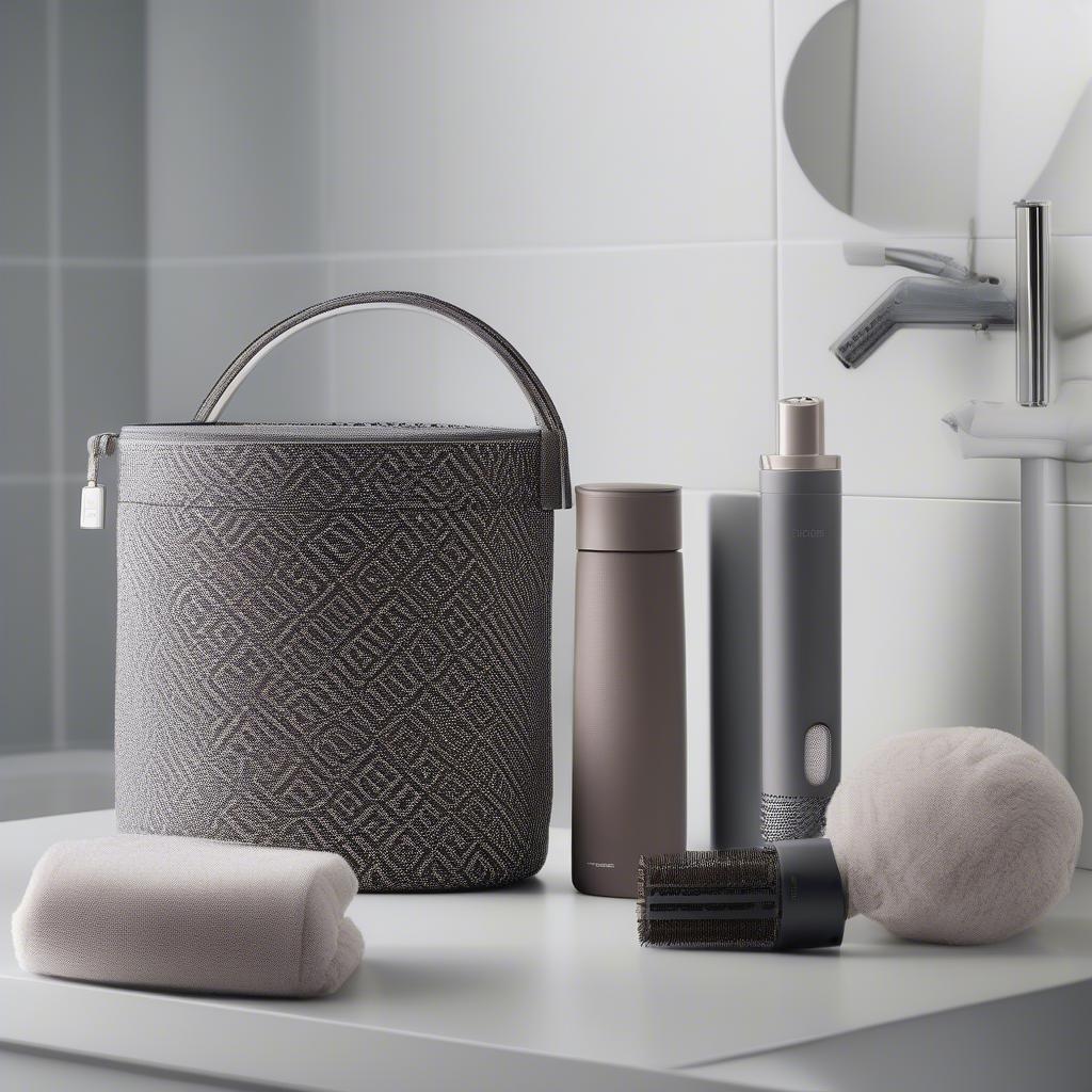 Dyson Supersonic hair dryer neatly stored in its woven storage bag on a bathroom counter.