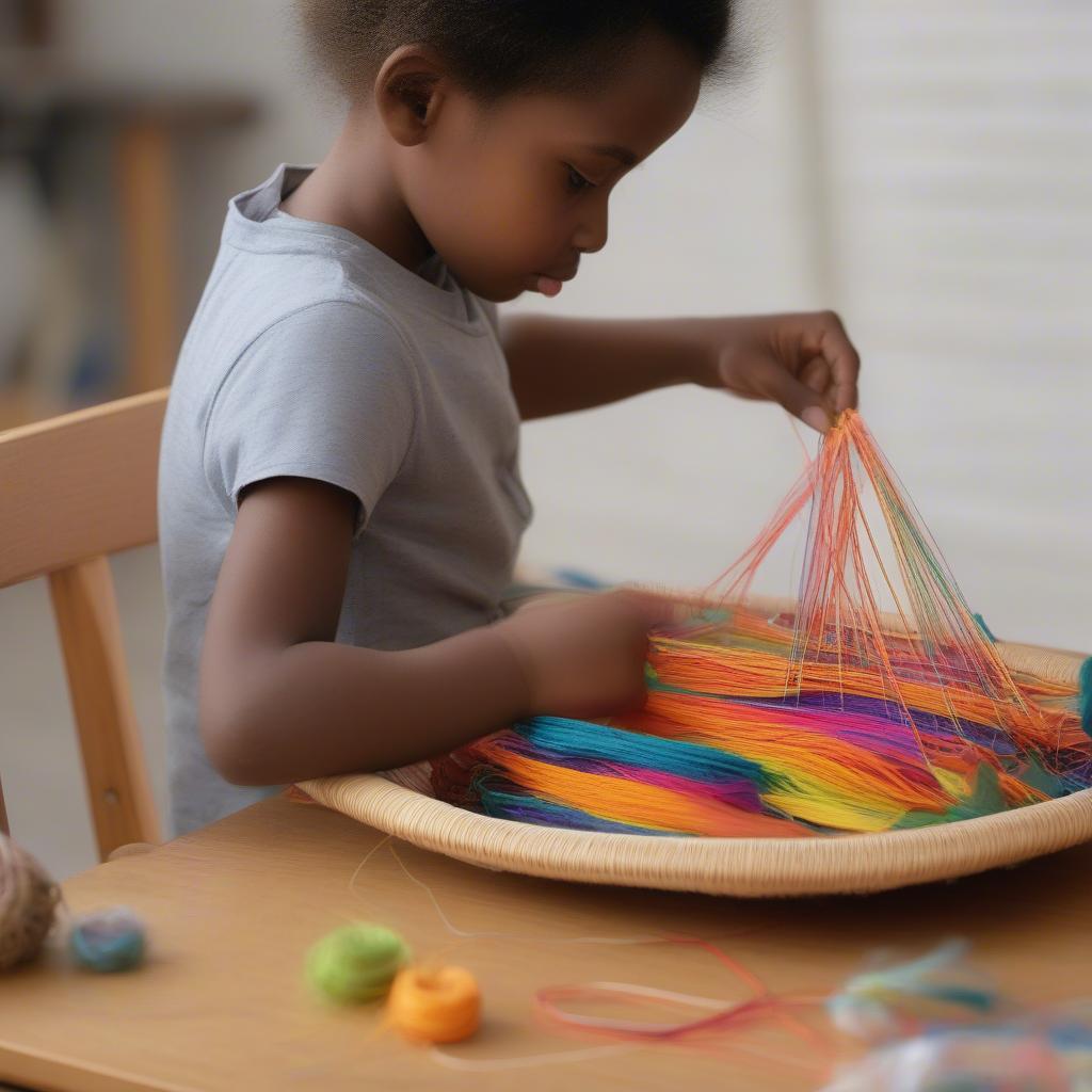 Easy Basket Weaving Kits for Beginners: A child happily weaving a colorful basket using a kid-friendly kit.