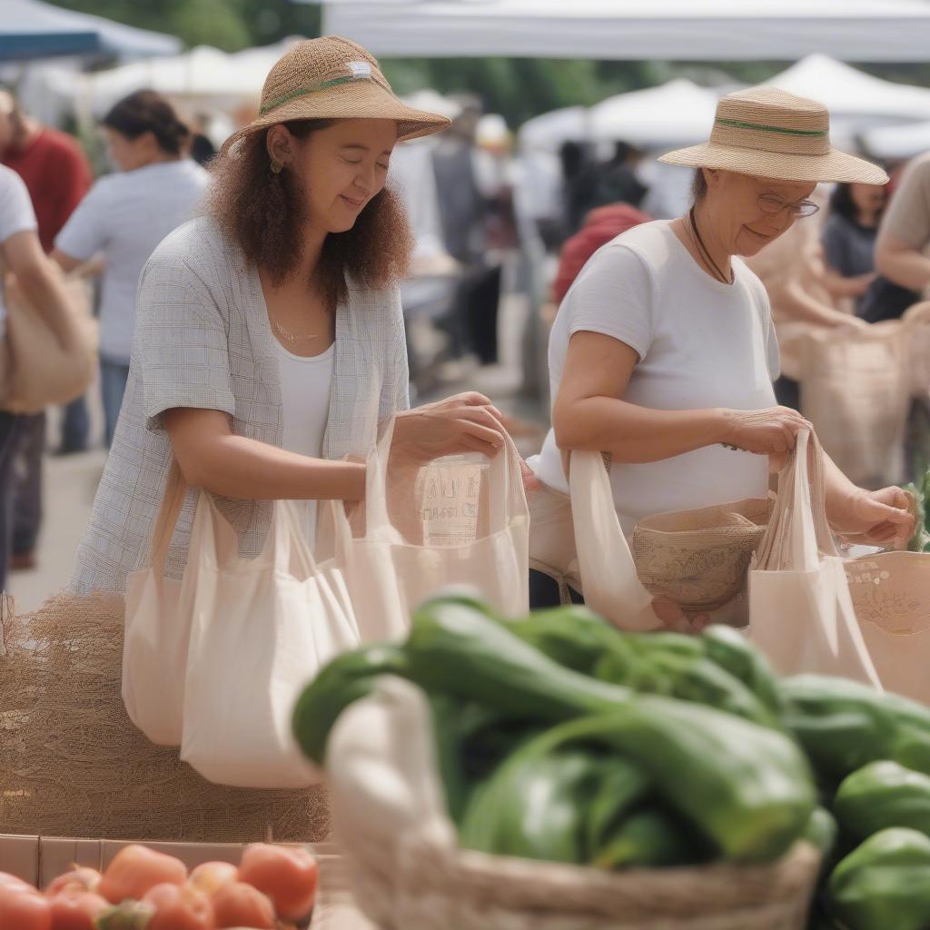 A group of shoppers carrying reusable, printed PP woven bags at a farmer's market.