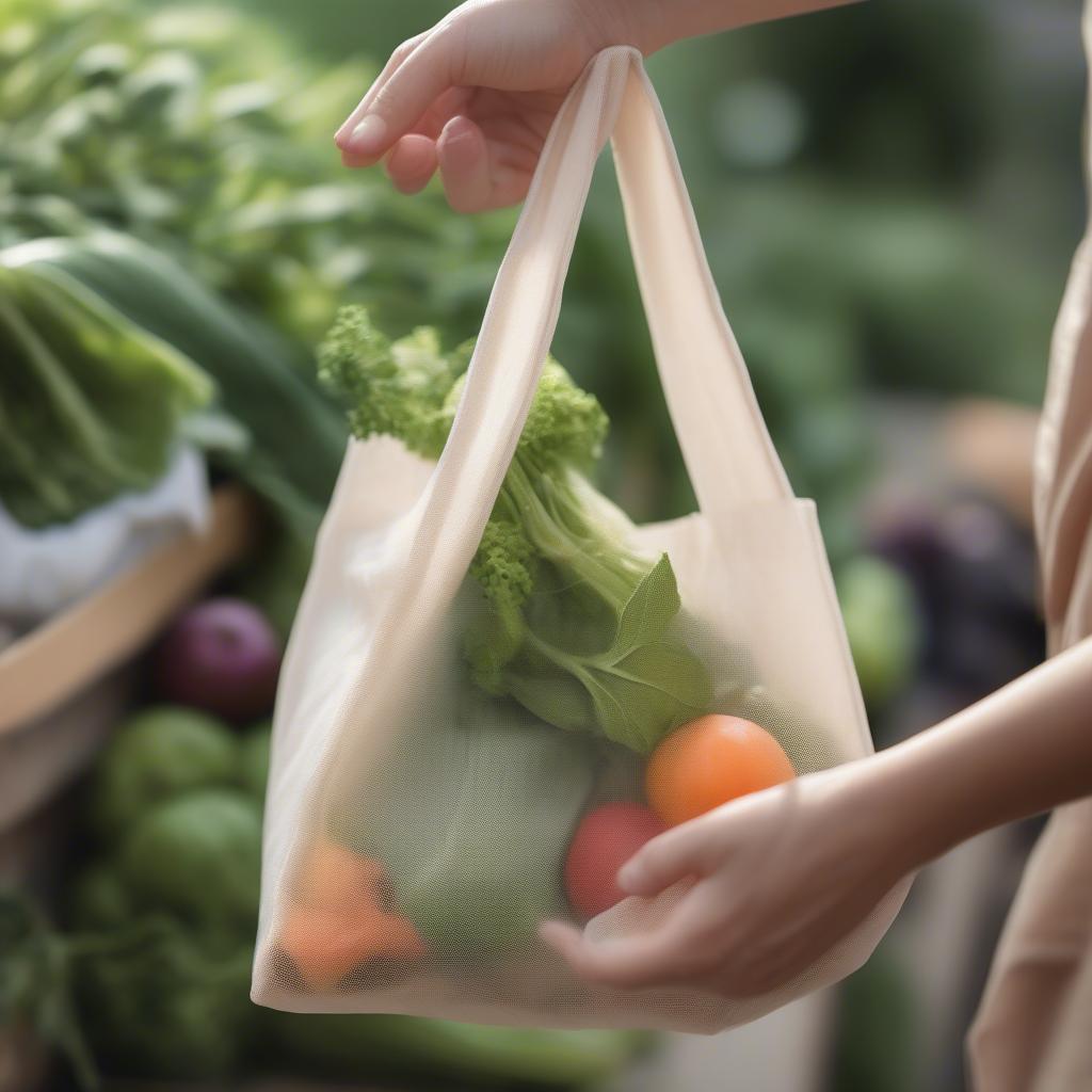 Person carrying groceries in a recycled non-woven bag