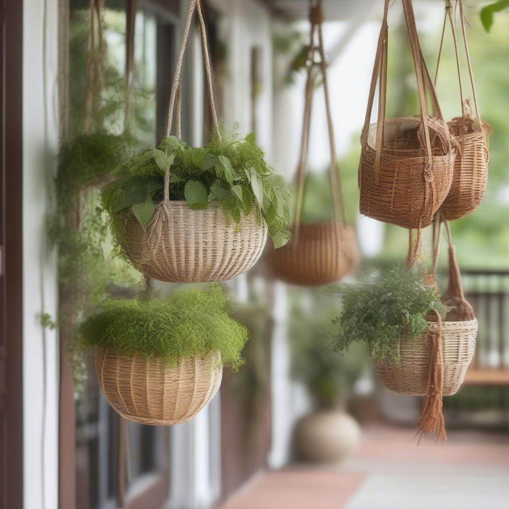 Eco-friendly hanging baskets made of natural fibers like rattan, wicker, and seagrass hanging on a porch.