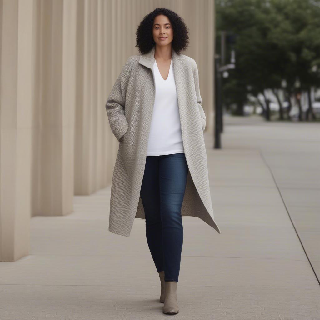 Eileen Fisher basket weave coat styled with jeans and a t-shirt for a casual look