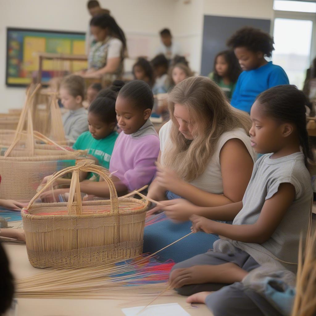 Elementary Students Weaving Baskets