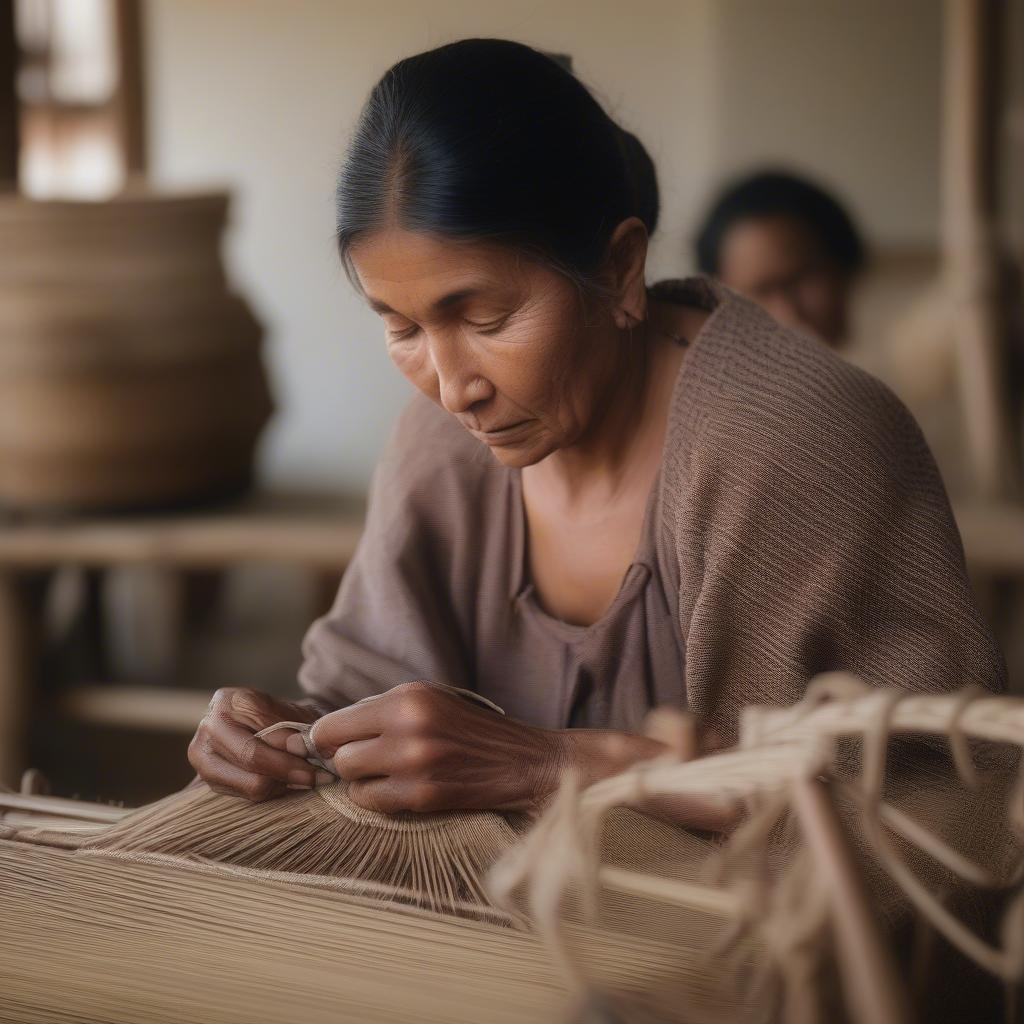 An artisan weaving an Eli Luca bag, demonstrating the traditional techniques used in the creation process.