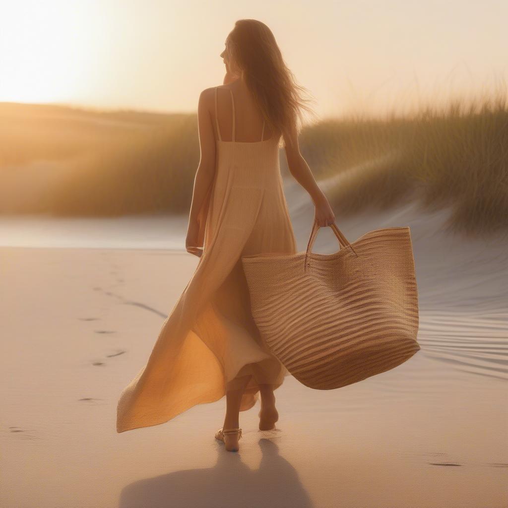 Eliza Large Woven Straw Tote Bag on the Beach