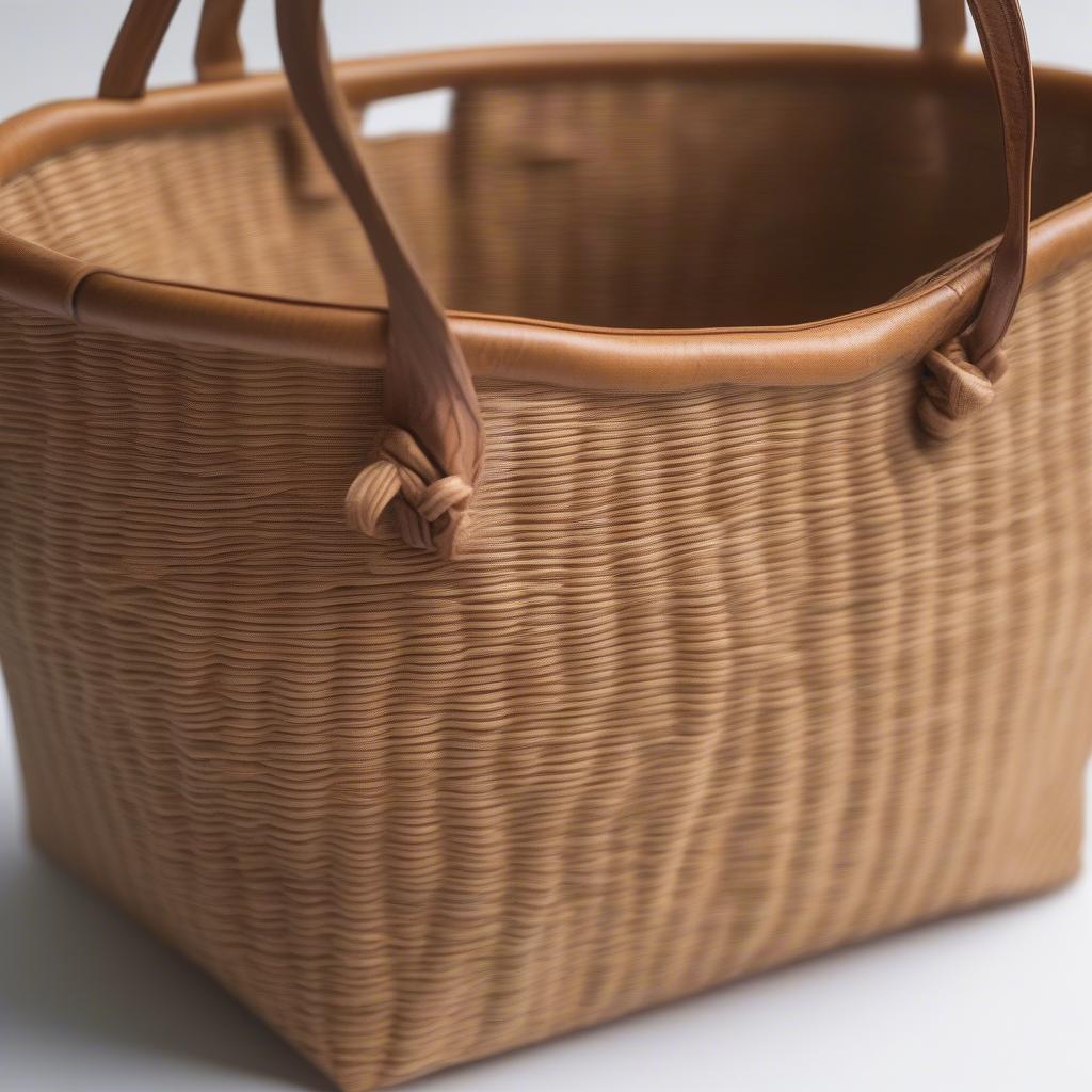 Close-up of an ella basket-weave tote bag showing the intricate weave and natural materials.