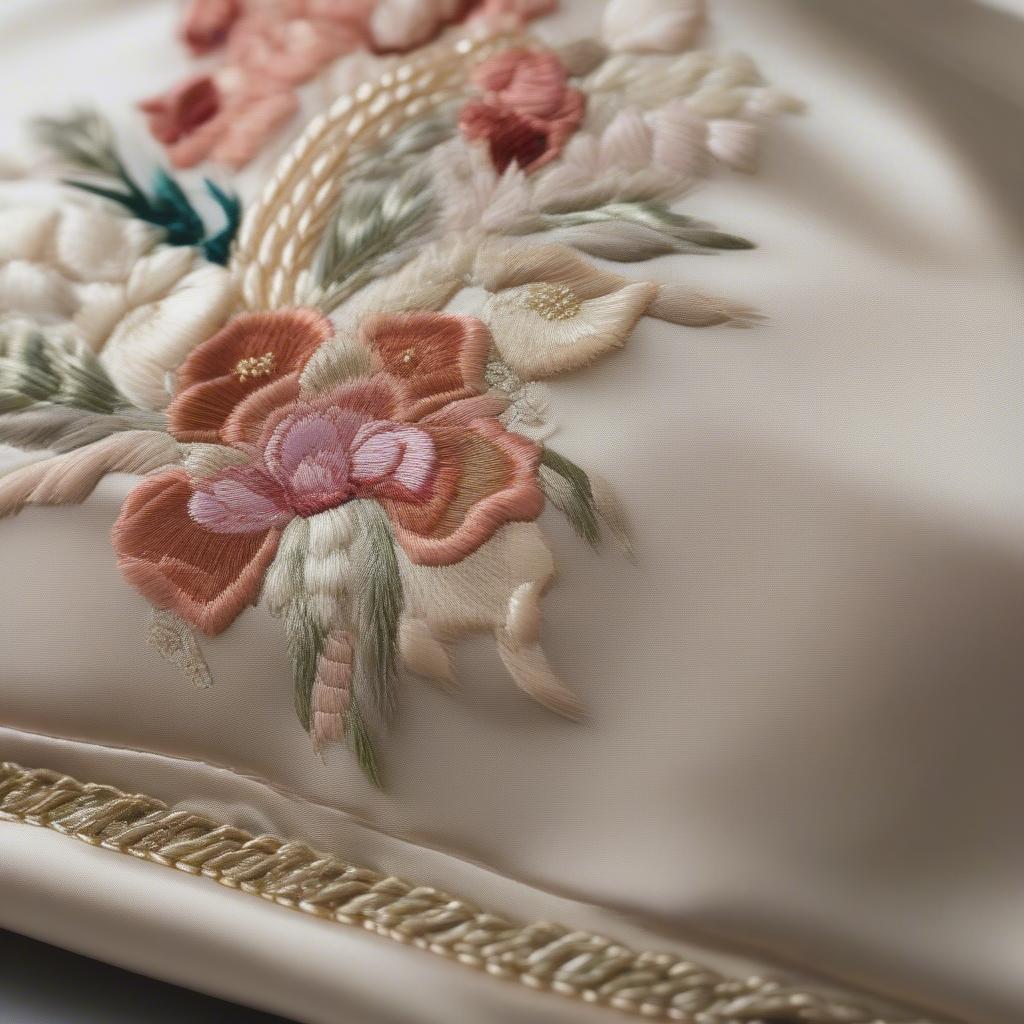 Close-up of an embroidered satin weave bag showcasing the intricate details