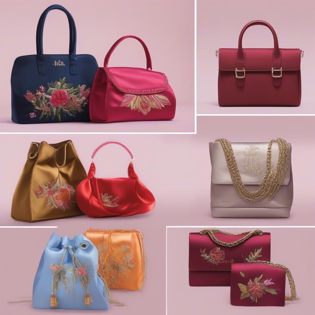 Embroidered satin weave bags styled with different outfits for various occasions